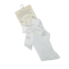 S141-W-06: White Knee Length Socks w/Bow (0-6 Months)